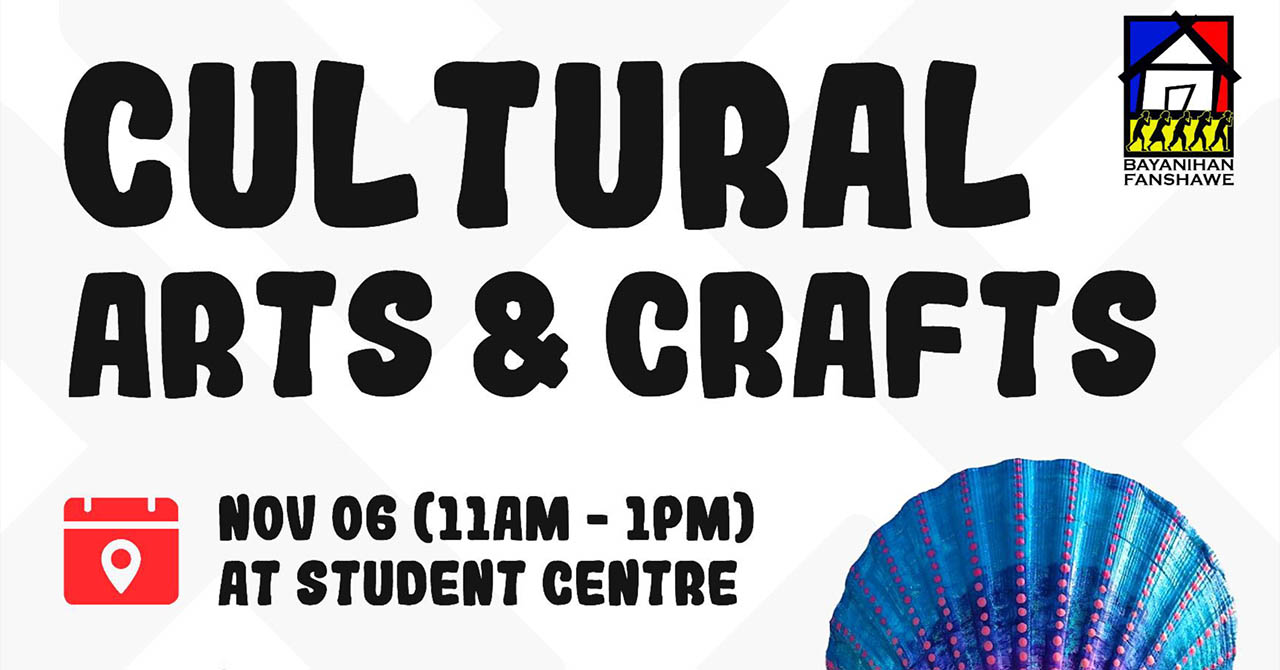 Poster announcing a Cultural Arts and Crafts event on November 6 from 11 a.m. to 1 p.m. in the Student Centre with a colourful fan image.