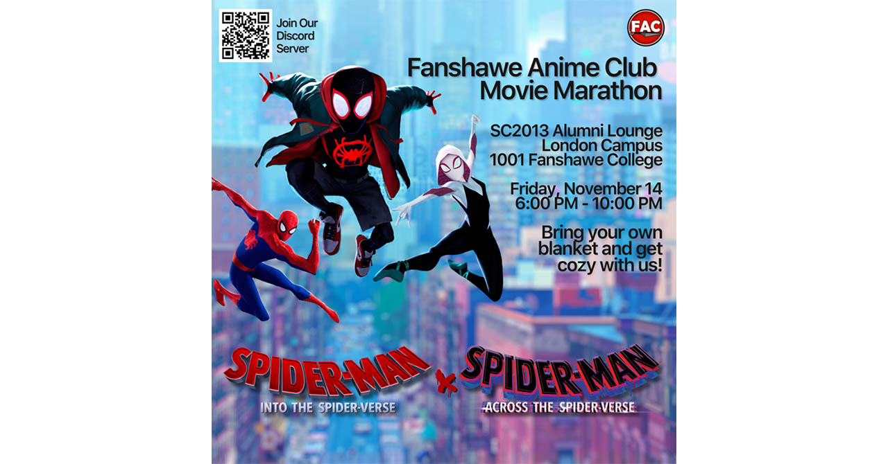 Poster for Fanshawe Anime Club's Spider-Man movie marathon on Nov 14, featuring Miles Morales and Gwen Stacy Spider-Man characters.
