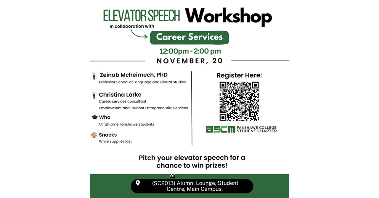 Flyer for an Elevator Speech Workshop with Career Services on November 20 from 12-2pm featuring speakers Zeinab Mcheimech, PhD, and Christina Larke.