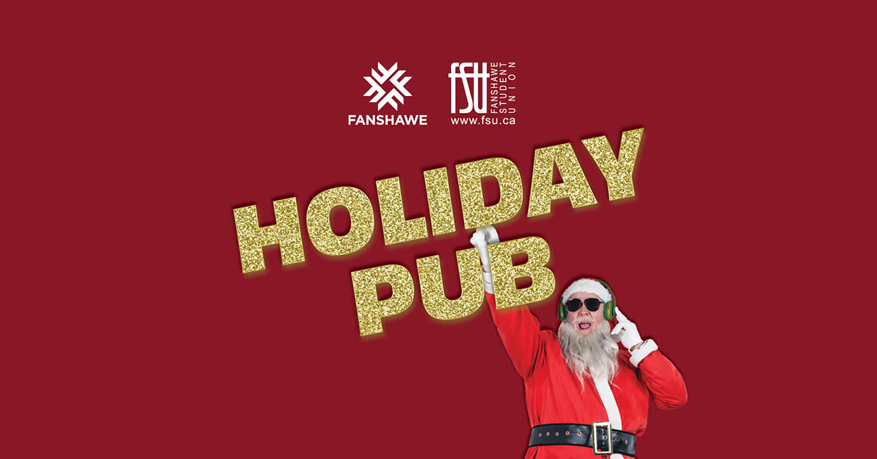 Person dressed as Santa Claus holding a phone against a red background with glittery gold text reading HOLIDAY PUB.