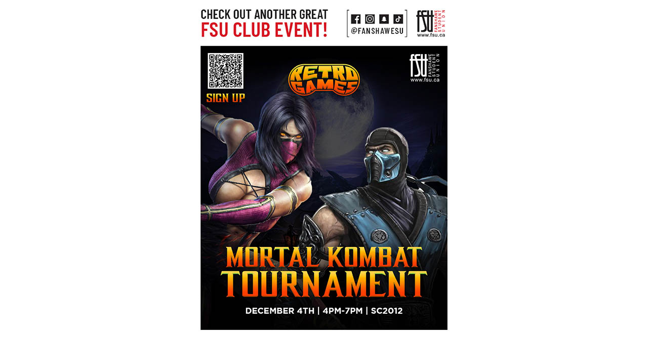 Promotional poster for a Mortal Kombat tournament hosted by FSU Retro Games club on December 4 from 4:00 p.m. to 7:00 p.m.