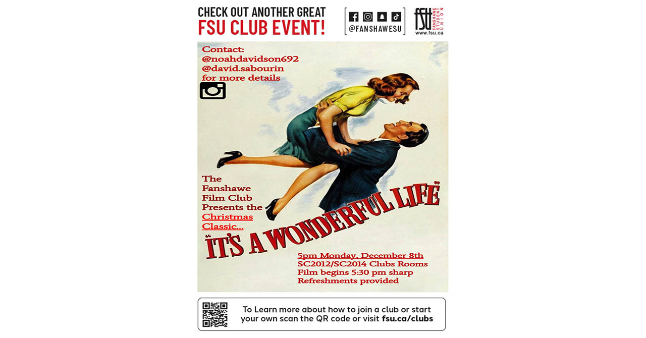 Poster for FSU Film Club screening of It's a Wonderful Life on December 8 at 5:00 p.m. in SC2012/SC2014 with refreshments provided.