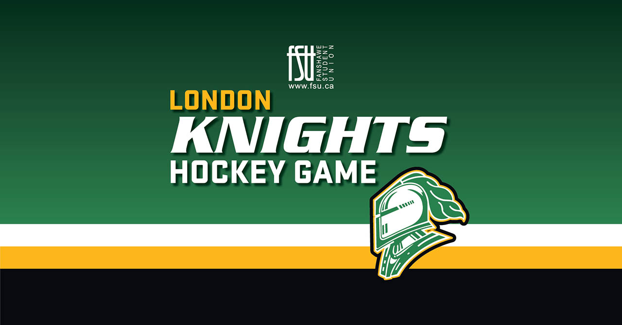 Graphic promoting the London Knights hockey game with the team's knight helmet logo on a green background.