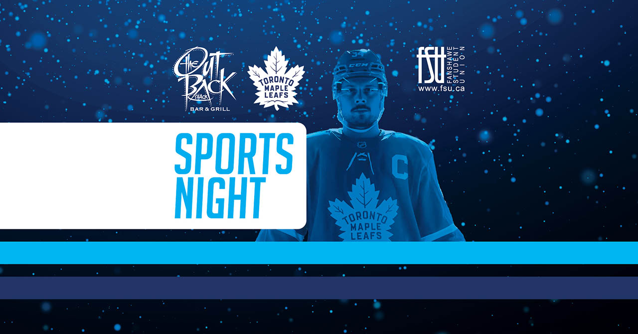 Toronto Maple Leafs hockey player in full gear with the letter C on a jersey against a blue starry background promoting Sports Night.