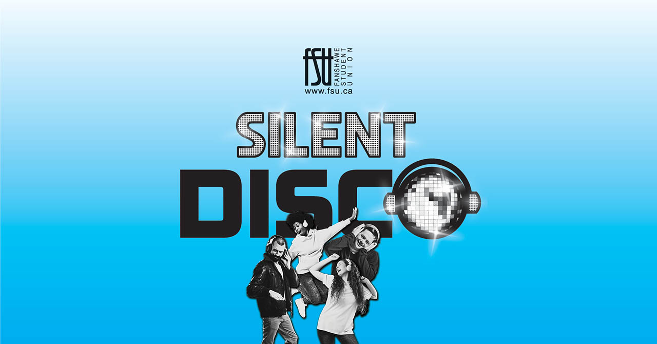 Blue gradient background with the words Silent Disco and a pixelated disco ball, featuring four people dancing joyfully below.