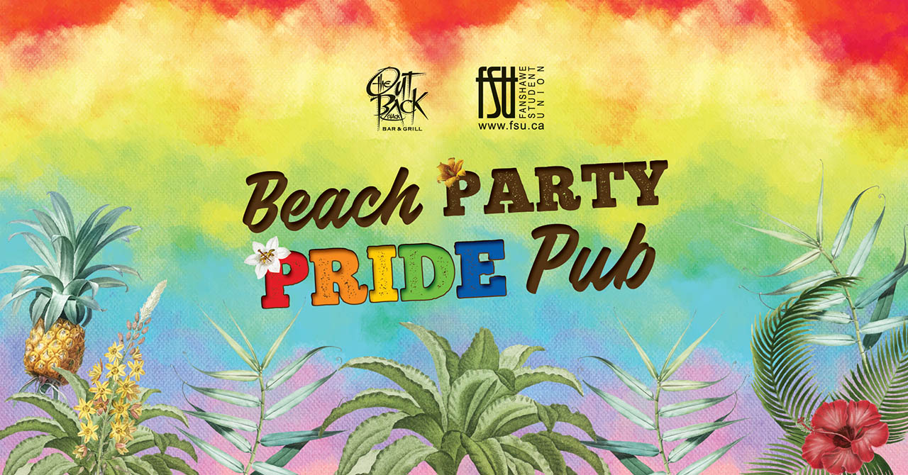 Colourful tropical background with palm leaves, pineapples, and hibiscus flowers framing the text Beach Party Pride Pub in vibrant rainbow colors.

