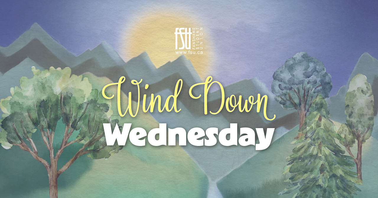 Serene landscape with trees and mountains under a glowing sun, featuring the text Wind Down Wednesday.