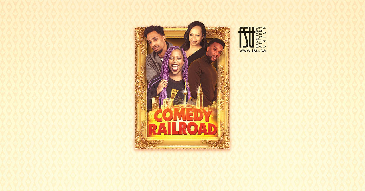 Four people framed in an ornate gold picture frame with the bold red text Comedy Railroad below them on a beige patterned background.