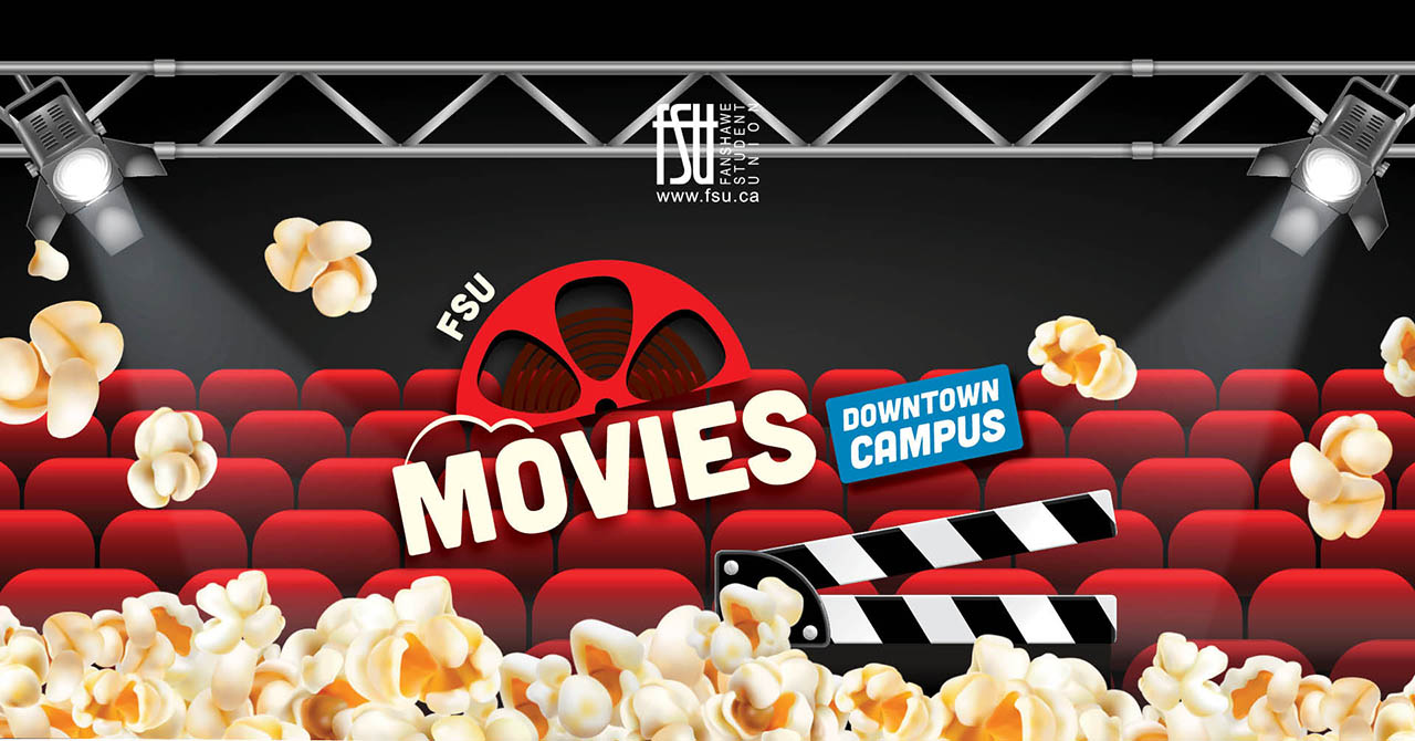 Red theater seats with popcorn scattered and a film reel promoting FSU Movies at Downtown Campus.