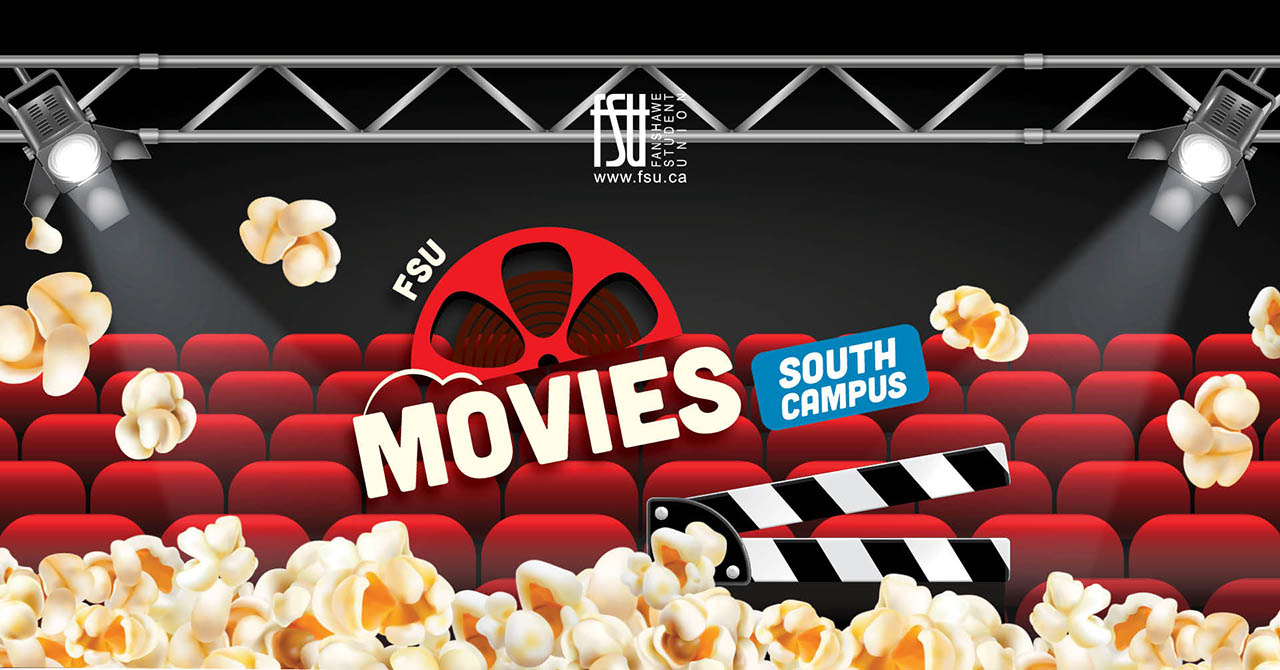 Red theater seats with popcorn scattered and a film reel promoting FSU Movies at South Campus.