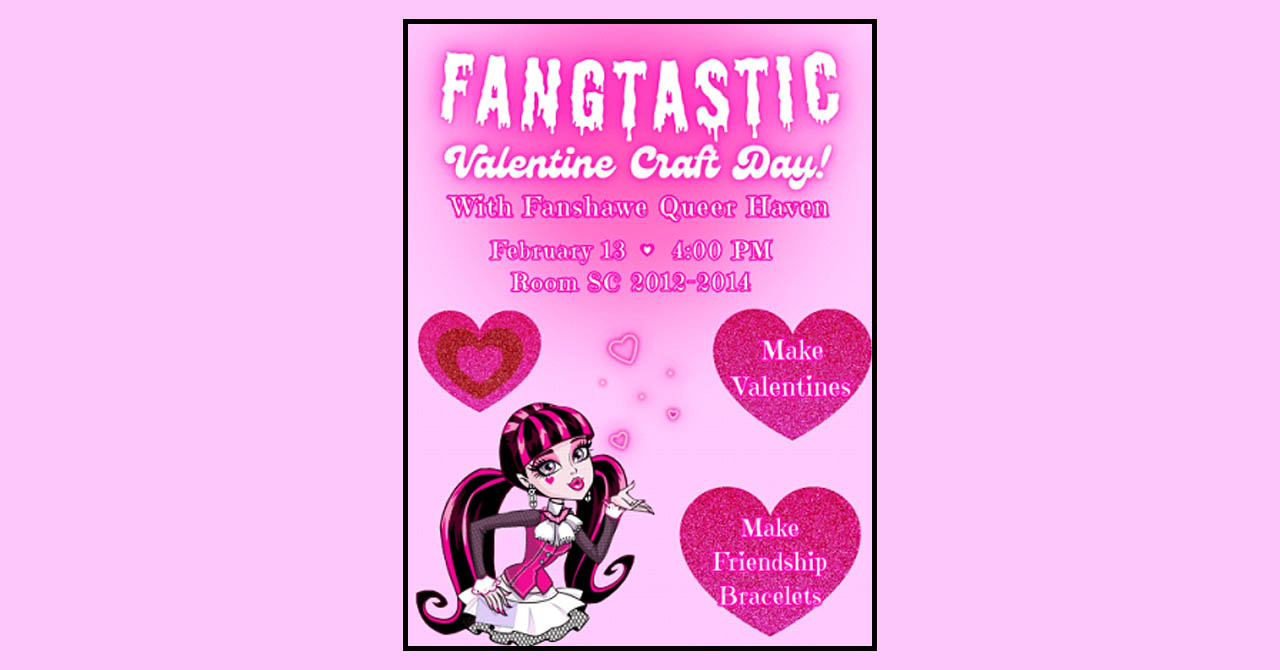 Bright pink flyer for Fangtastic Valentine Craft Day featuring a cartoon vampire girl and heart-shaped prompts to make valentines and friendship bracelets.