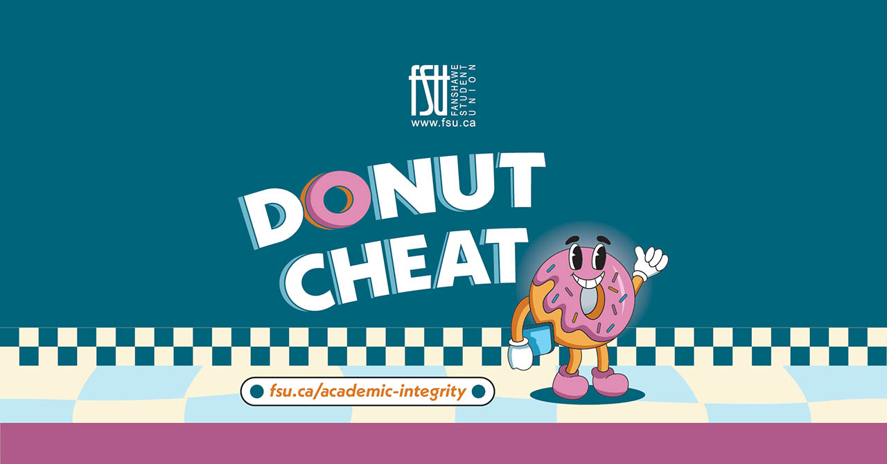 Cartoon pink frosted donut with sprinkles waving beside the phrase Donut Cheat promoting academic integrity.