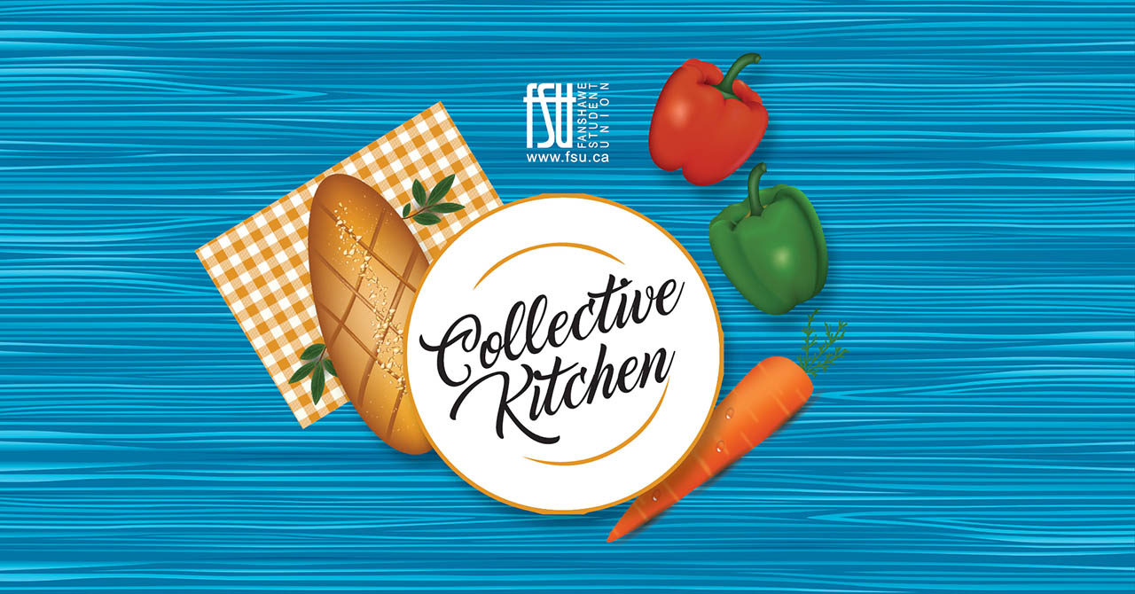 Top view of a loaf of bread on a checkered cloth, a red and green bell pepper, and a carrot surrounding a plate with Collective Kitchen text on a blue wooden surface.