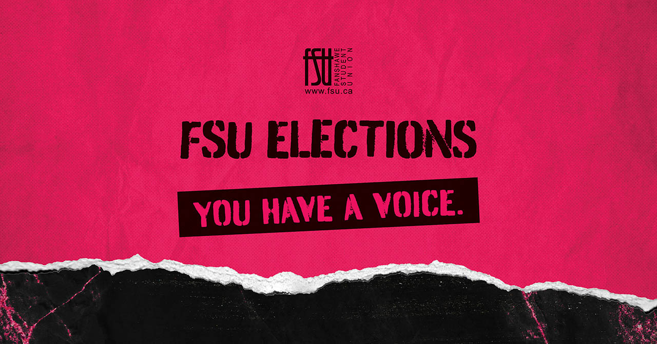 Bold pink and black graphic promoting FSU Elections with the message You have a voice.
