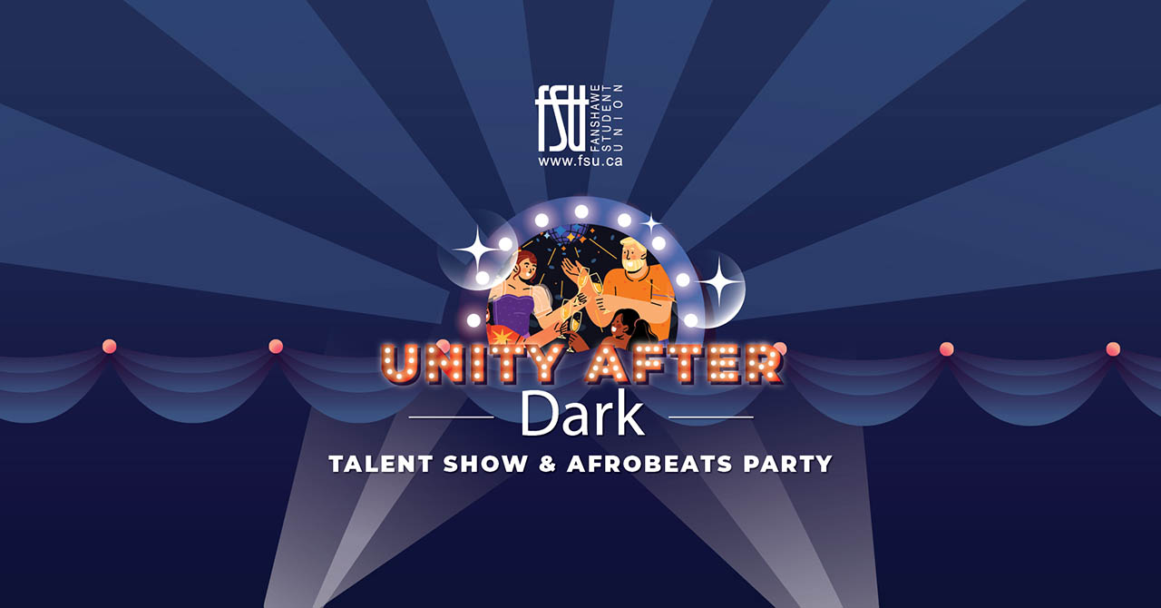 Colourful poster for Unity After Dark talent show and Afrobeats party featuring illustrated dancers and musical notes on a dark blue stage background.