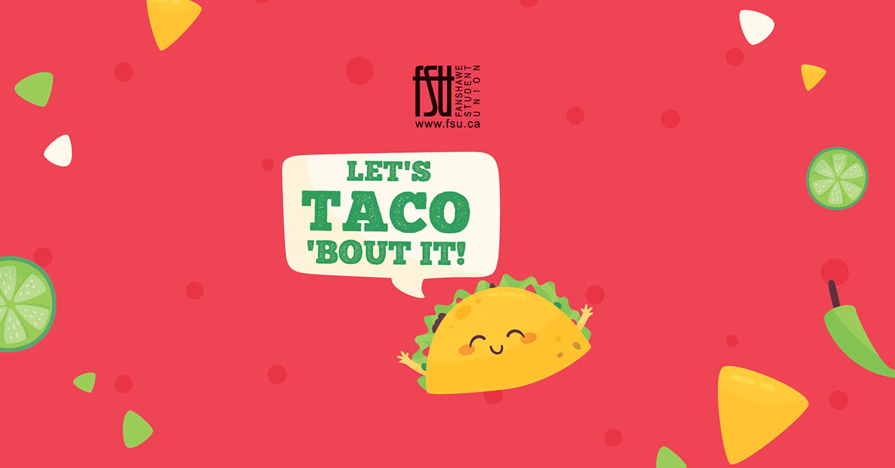 Smiling taco cartoon with speech bubble saying Let's Taco Bout It! on a red background with lime slices, chili, and tortilla chips.