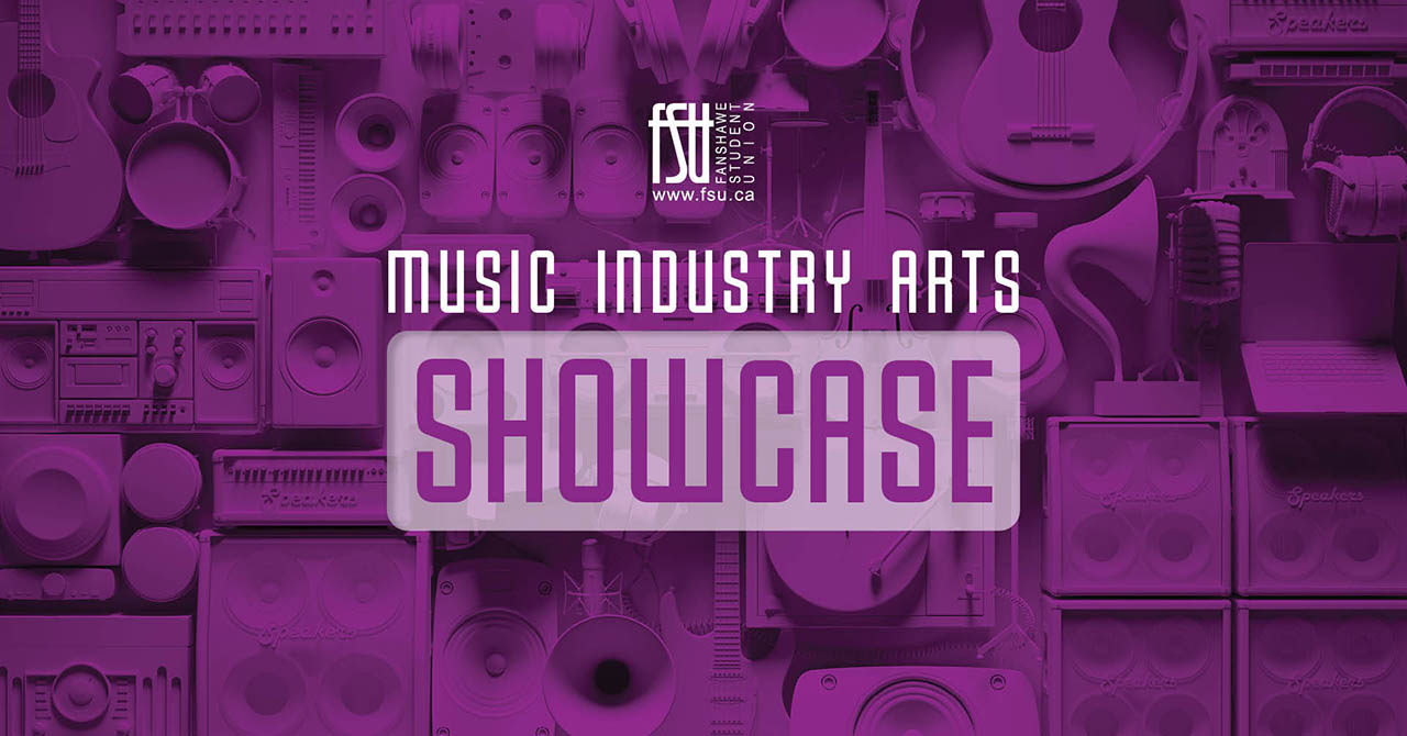 Various musical instruments and audio equipment are arranged in a flat lay with Music Industry Arts Showcase text overlay in purple tones.