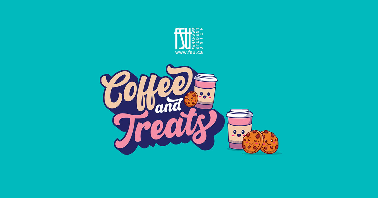 Colourful graphic with the phrase Coffee and Treats, alongside smiling coffee cups and chocolate chip cookies on a teal background.