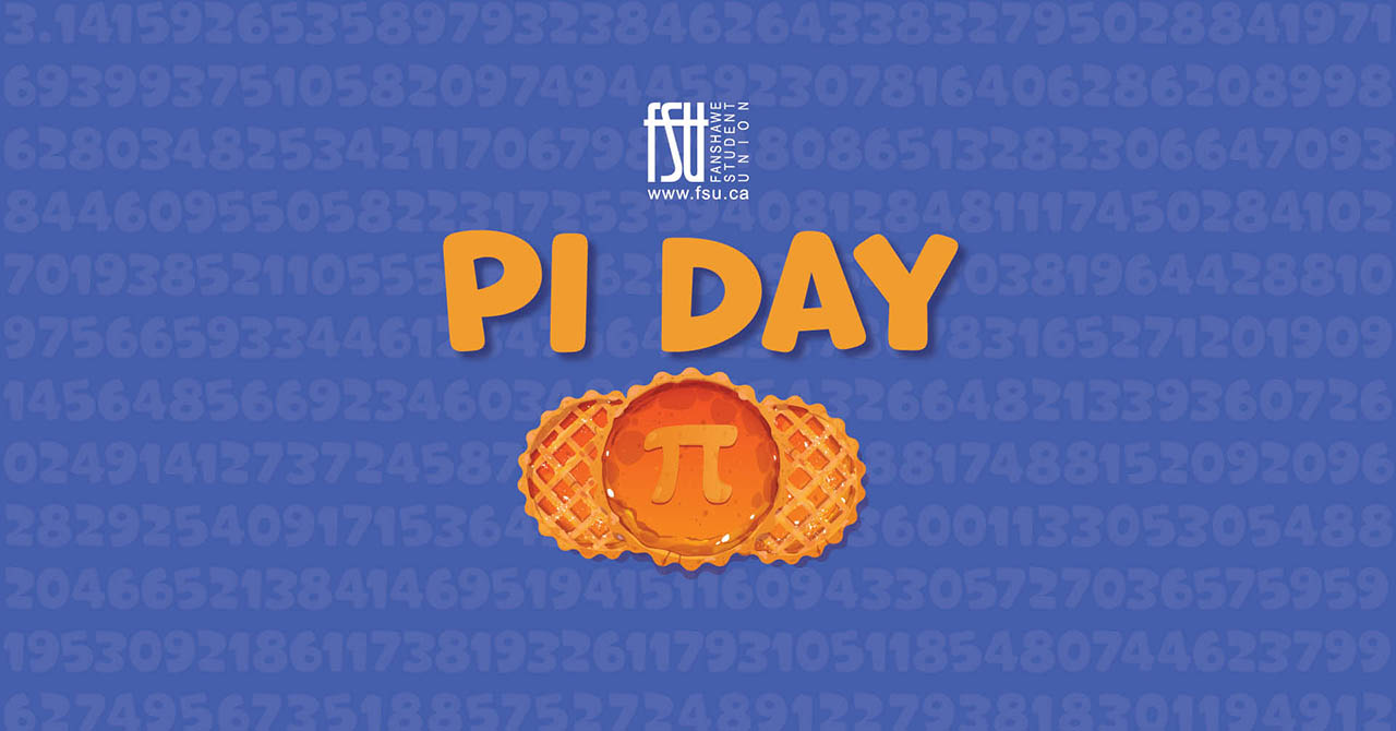 Orange text PI DAY above two waffles with a pi symbol on a blue background filled with digits of pi.