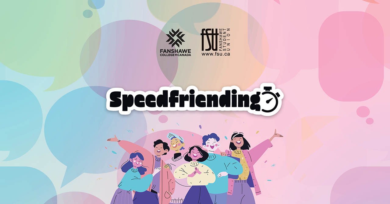 Illustration of six diverse young people happily posing together under the word Speedfriending with colourful speech bubbles in the background.