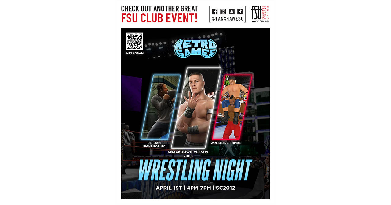 Promotional poster for FSU Wrestling Night featuring Retro Games with characters from Def Jam Fight for NY, Smackdown vs Raw 2008, and Wrestling Empire.