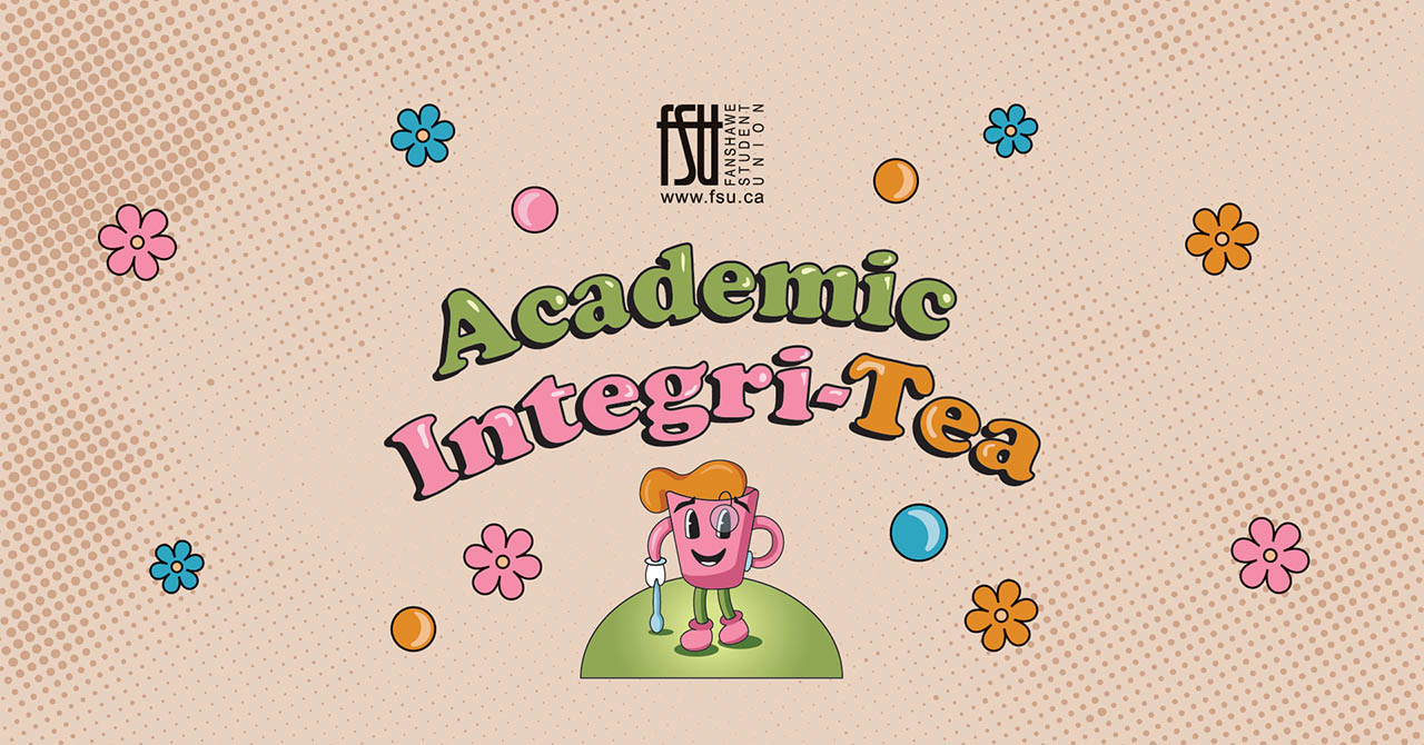 Colourful retro-style text reading Academic Integri-Tea with a smiling pink teacup character holding a spoon on a dotted beige background with scattered flowers and circles.