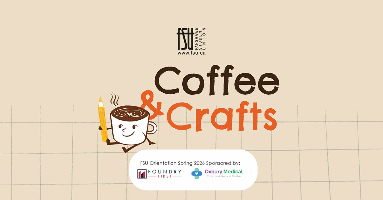 Illustration of a smiling coffee cup holding a pencil next to the text Coffee and Crafts on a beige background with FSU logo above.