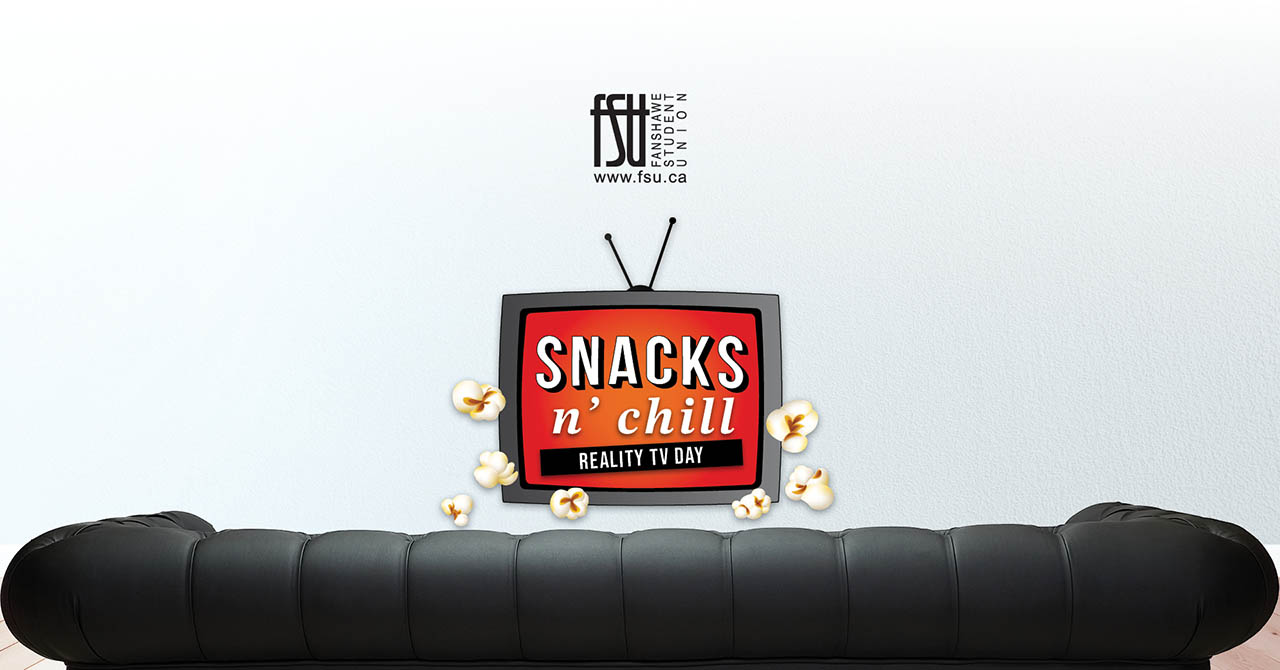 Black leather couch facing a retro TV screen displaying the text Snacks n chill Reality TV Day, with popcorn kernels floating around.