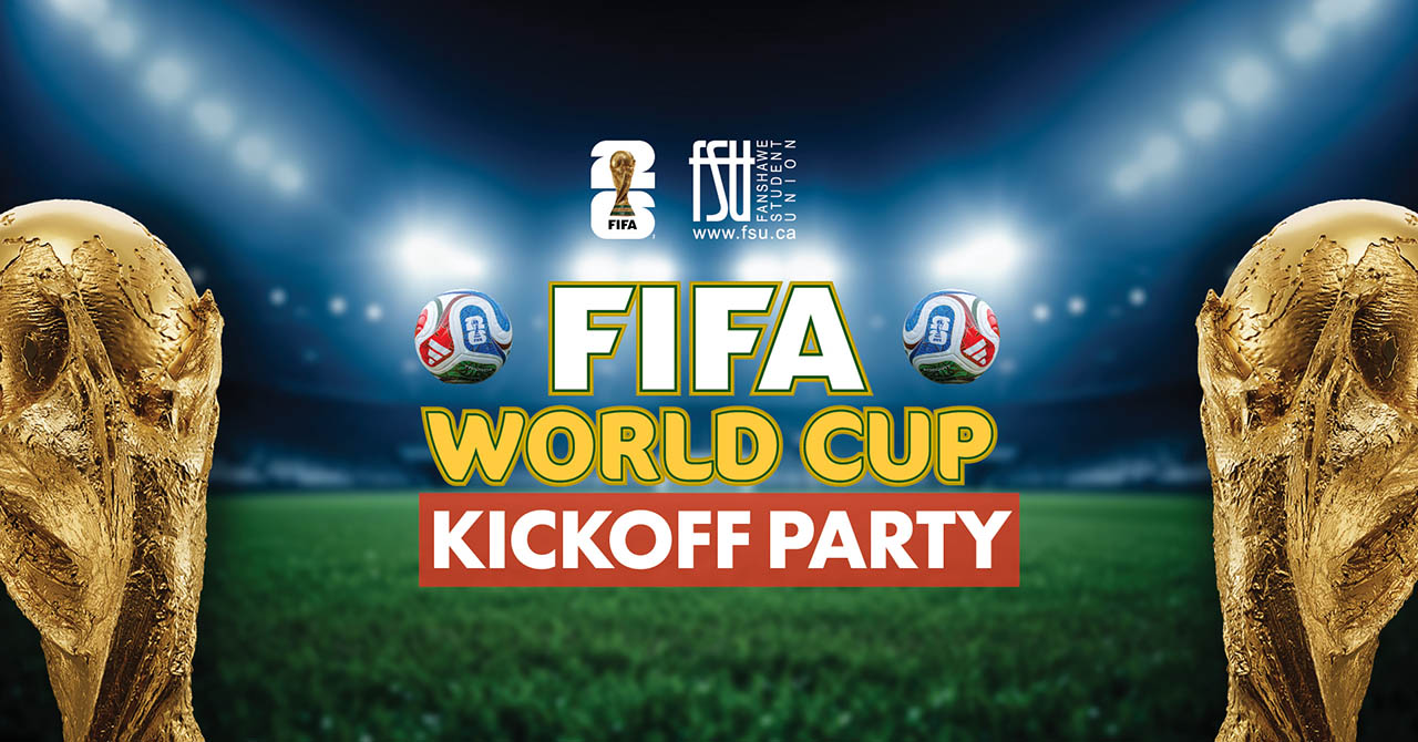 An image containing two World Cups, FIFA and FSU logos, two soccer balls and text stating: FIFA WORLD CUP KICKOFF PARTY