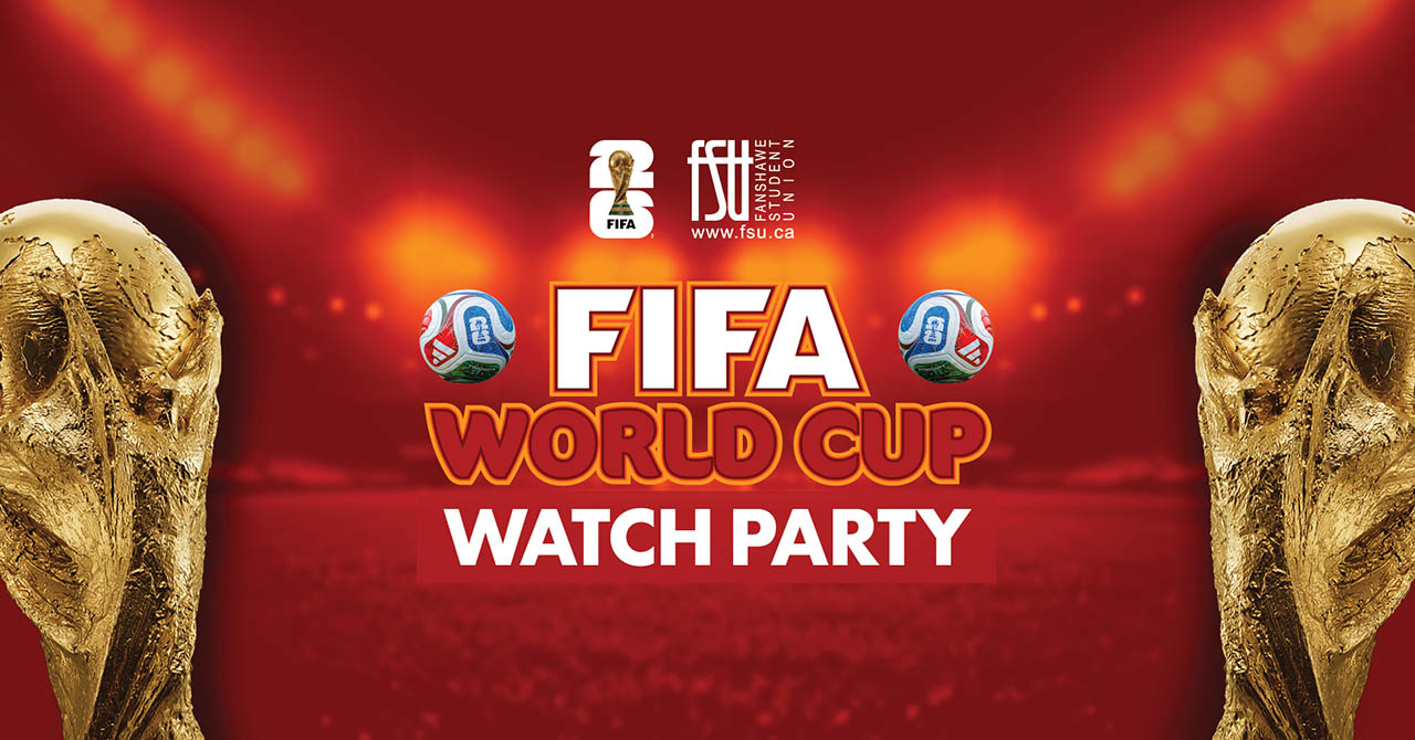 An image containing two World Cups, FIFA and FSU logos, two soccer balls and text stating: FIFA WORLD CUP Watch Party