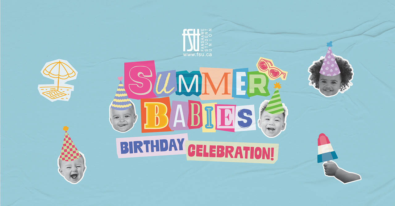 Colourful Summer Babies Birthday Celebration! text with party hats, sunglasses, a popsicle, and beach umbrella on a light blue background.