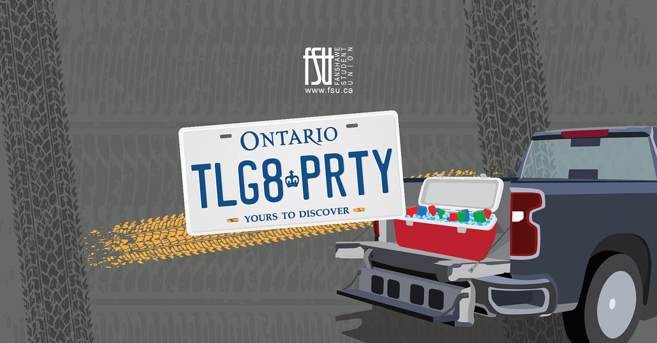 Ontario license plate reading TLG8 PRTY mounted on a black pickup truck with an open cooler filled with drinks in the truck bed.