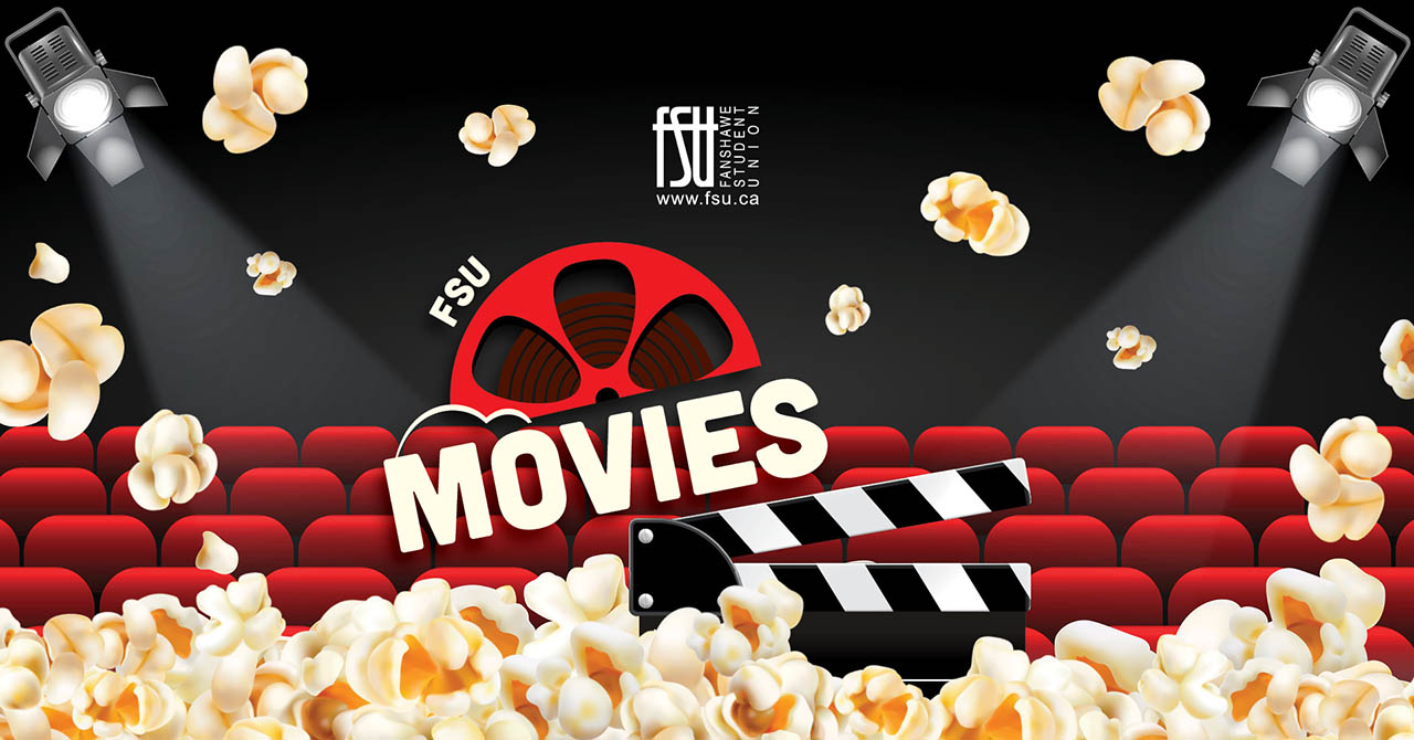 Red theatre seats with popcorn scattered and falling, spotlighted film reel and clapperboard labeled FSU Movies on a black background.