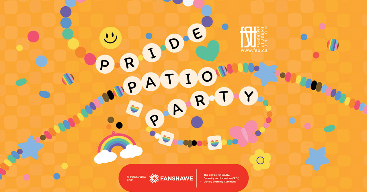 Colourful beads spell out Pride Patio Party on an orange background with rainbows, hearts, and stars decorations.