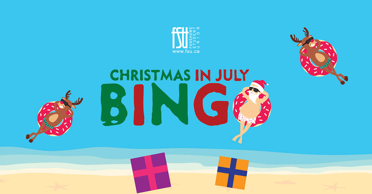 Christmas in July Bingo banner with a beach scene, featuring a reindeer and a Santa figure lounging inside donut floaties on blue water.
