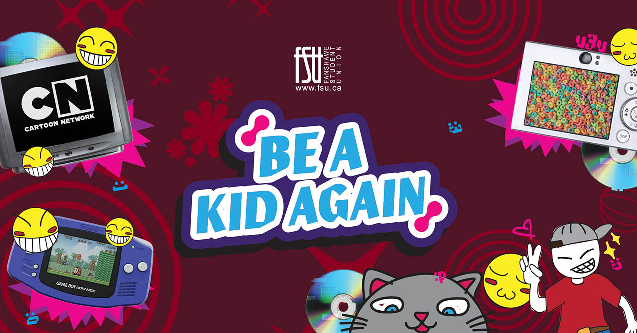 Colourful graphic with Be a Kid Again text surrounded by retro gaming devices, a cartoon cat, and playful emoji faces on a dark red background.