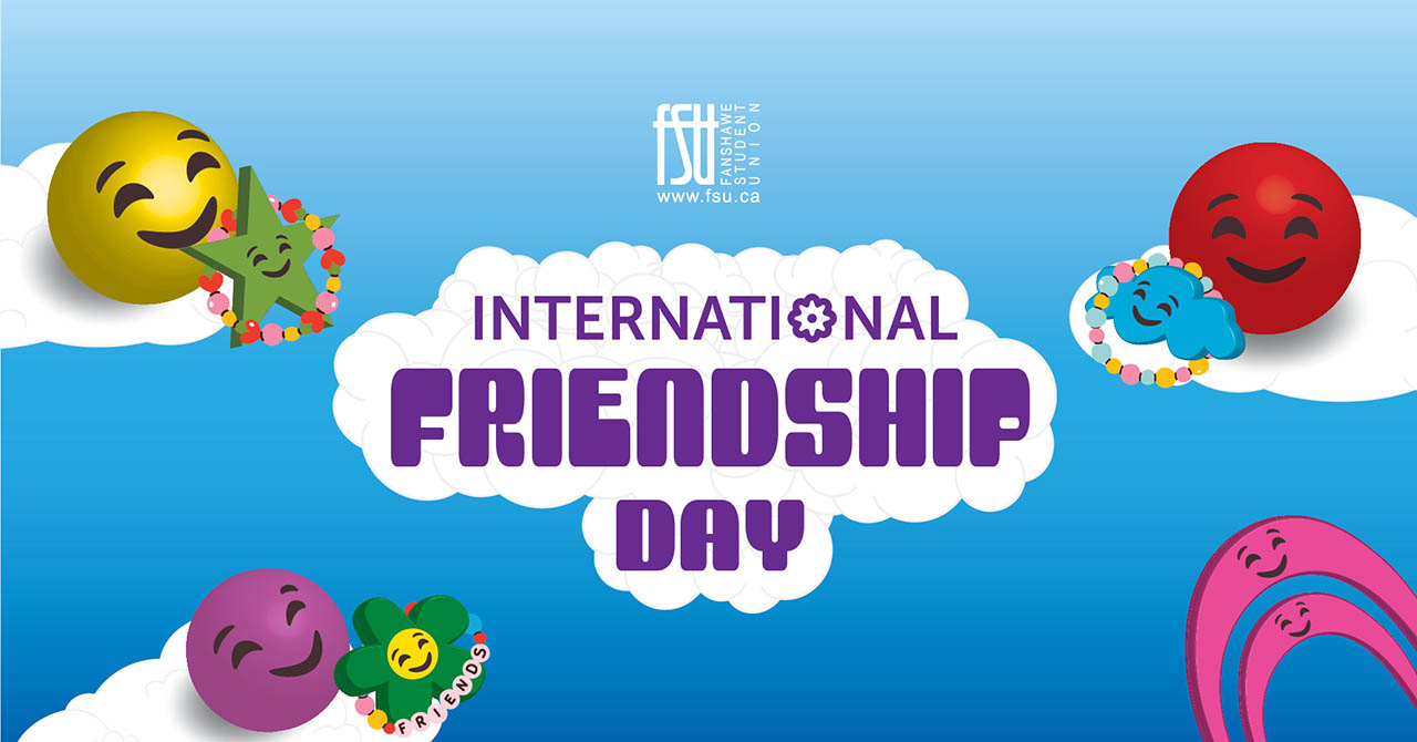 Colourful smiling emojis exchanging friendship bracelets around the text International Friendship Day on a blue background.