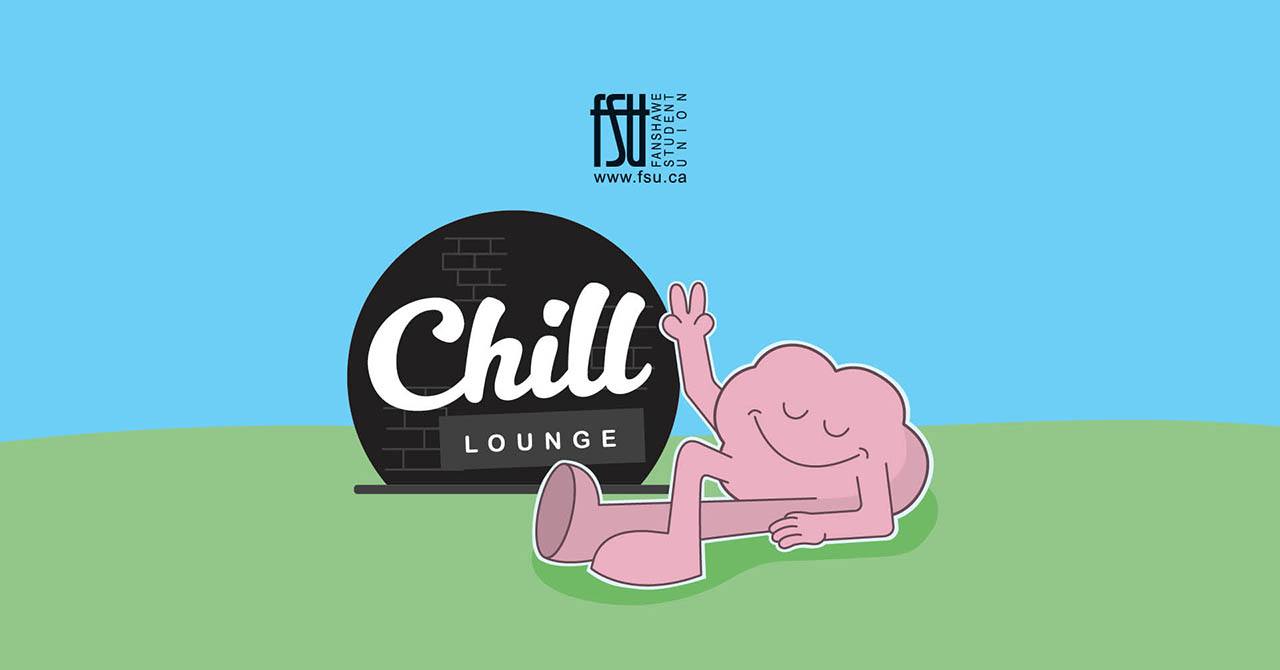 Illustration of a relaxed pink brain character lying on grass, flashing a peace sign next to a black circle with text stating Chill Lounge. The FSU logo is also shown.