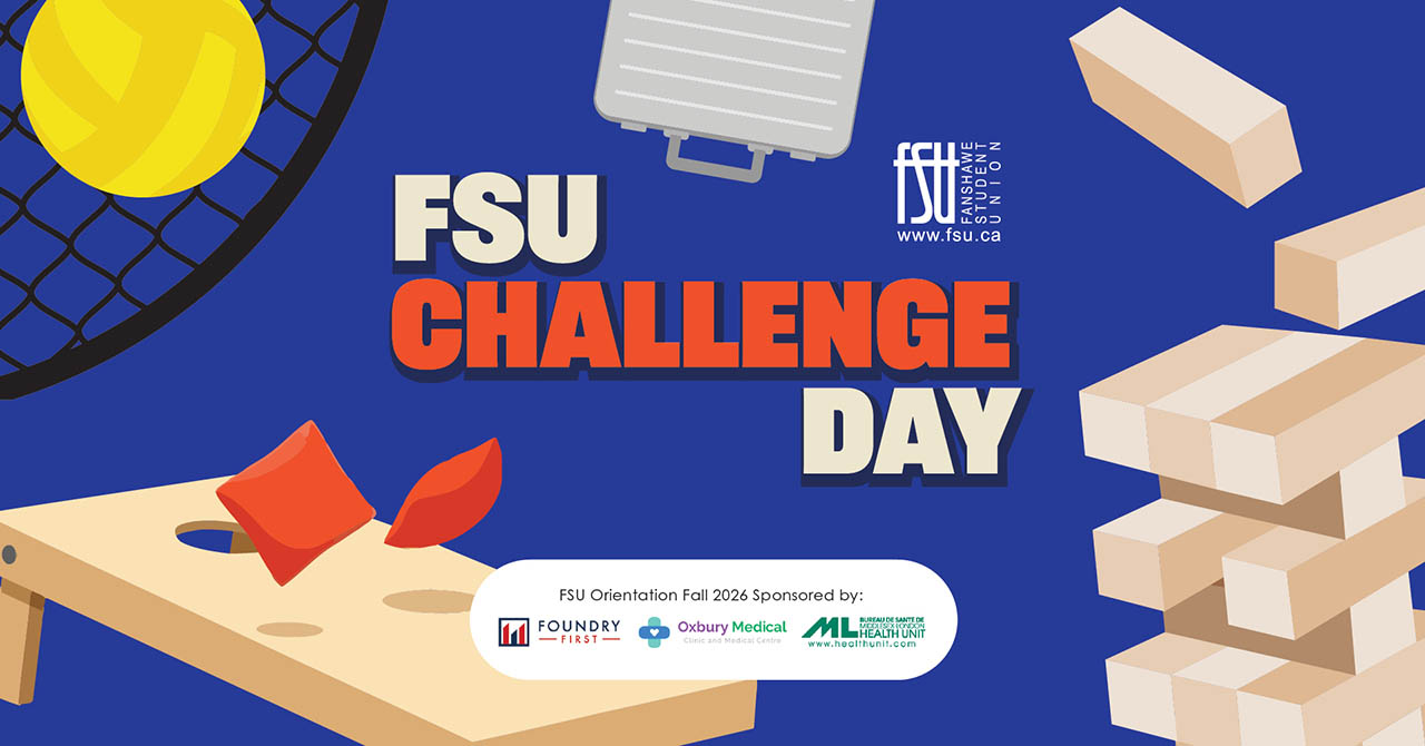 Illustration of a cornhole game and Jenga blocks with text FSU Challenge Day on a blue background promoting FSU Orientation Fall 2026.