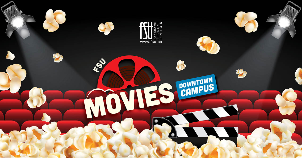 Red theatre seats with popcorn scattered and falling, spotlighted film reel and clapperboard labeled FSU Movies on a black background.