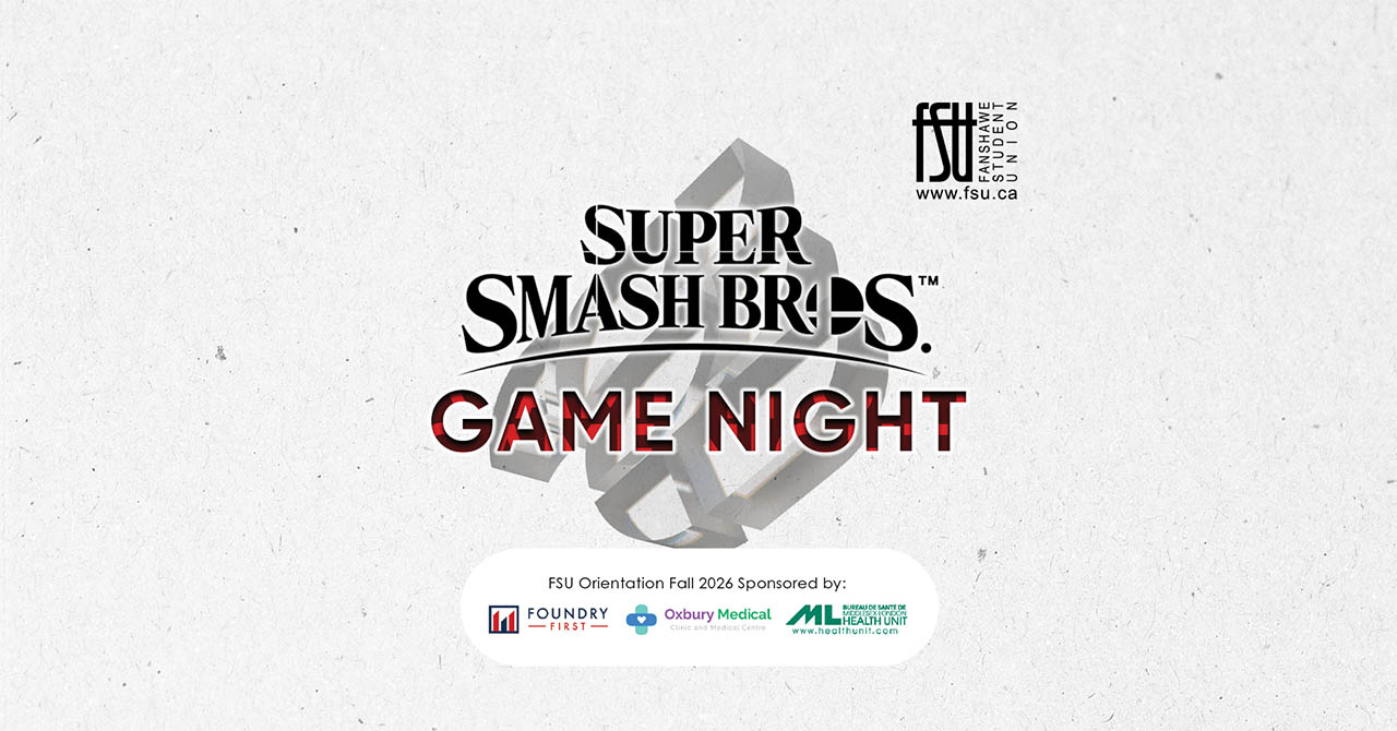 Super Smash Bros. Game Night event logo with Fuel Esports and Fanshawe Student Union branding on a textured white background.