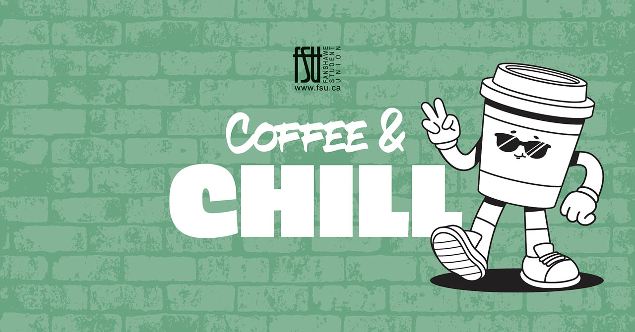 Cartoon coffee cup wearing sunglasses and sneakers flashing a peace sign next to bold text saying Coffee and Chill on a green brick wall background.