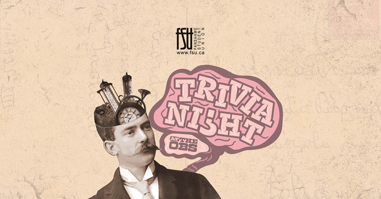 Vintage-style illustration of a man with a mechanical contraption on his head and a speech bubble reading Trivia Night.