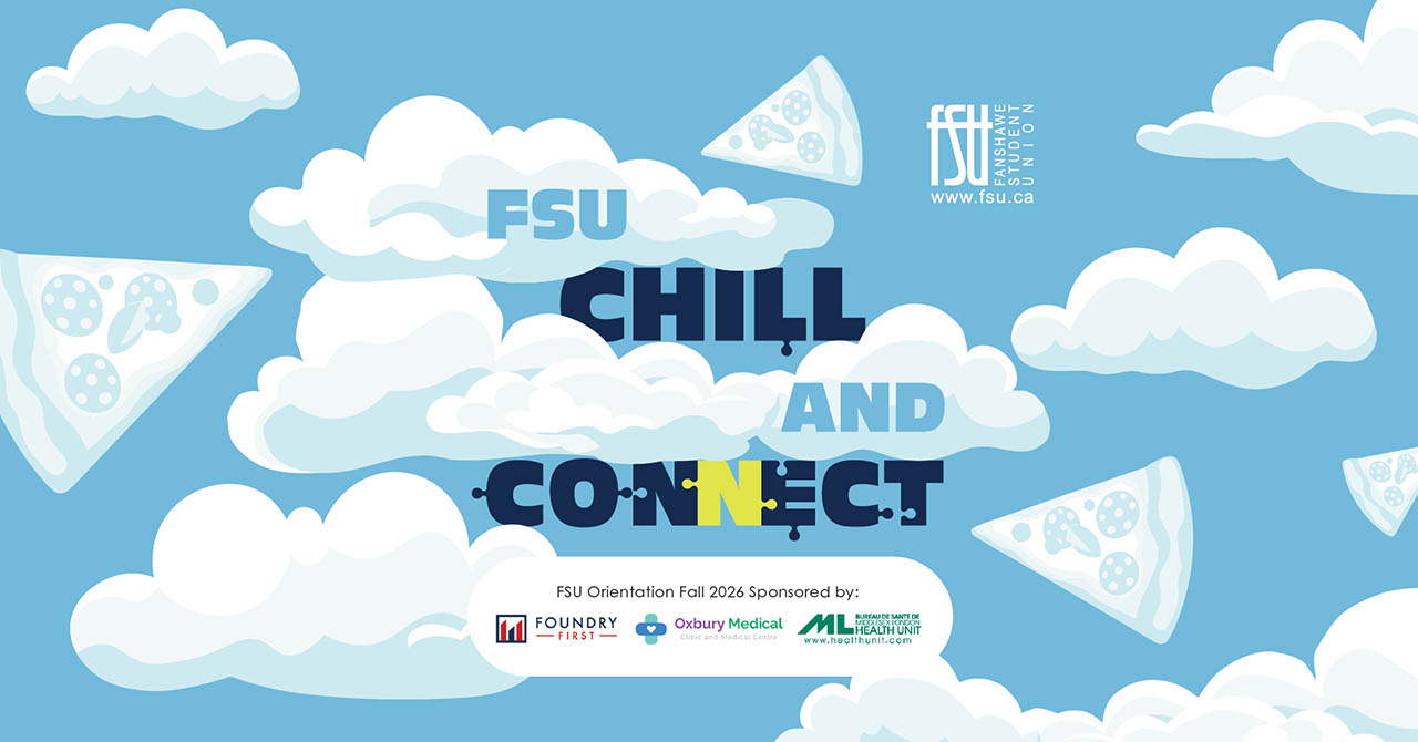 Blue sky with white clouds and floating pizza slices surrounding text promoting FSU Chill and Connect event.