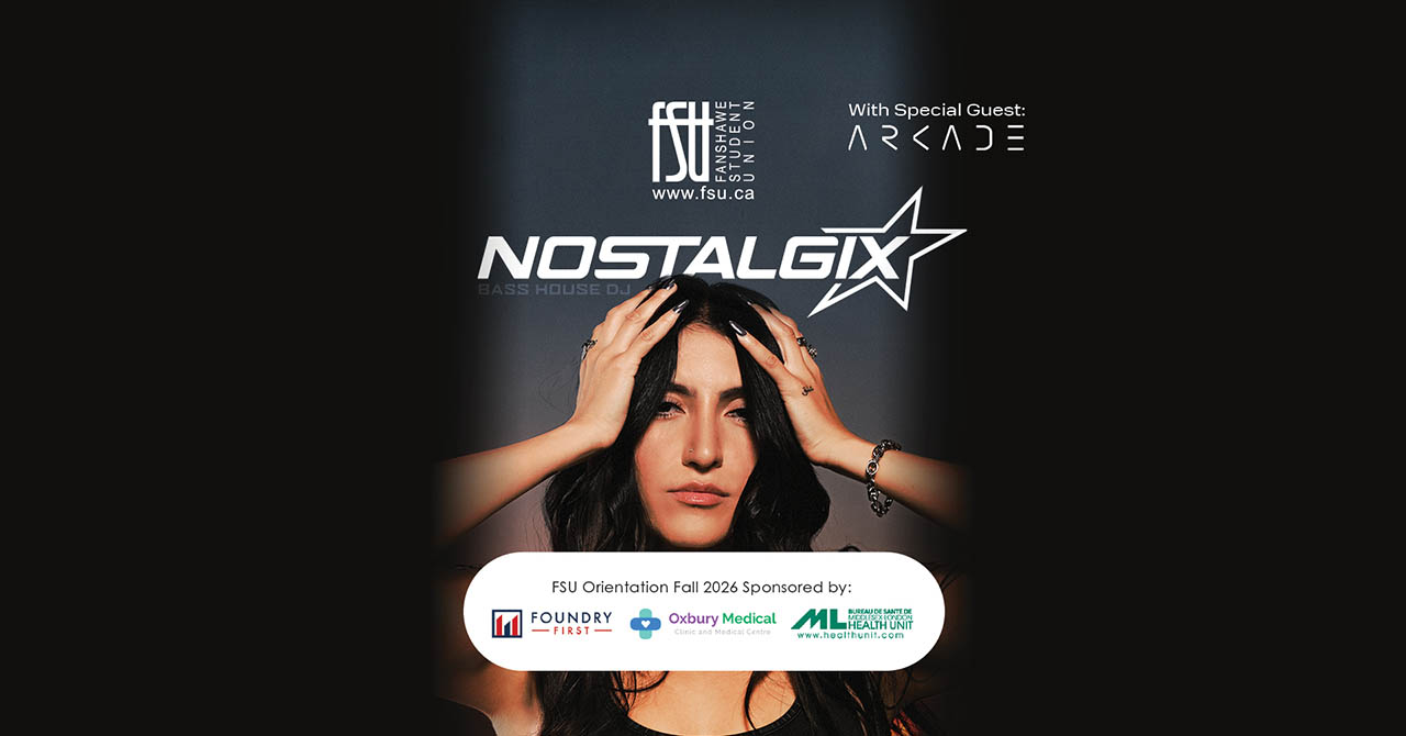 Portrait of a woman with long dark hair holding her head, promoting FSU Orientation Fall 2026 featuring Nostalgix and special guest Arcade.