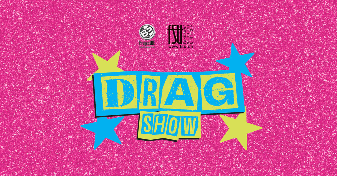 Bright pink glitter background with colourful blue and yellow stars framing the bold text DRAG SHOW in playful block letters.
