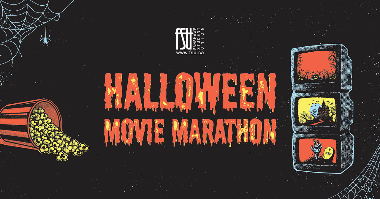 Spooky Halloween Movie Marathon poster with dripping orange text, a spider web, and a stack of three vintage TVs showing eerie scenes.
