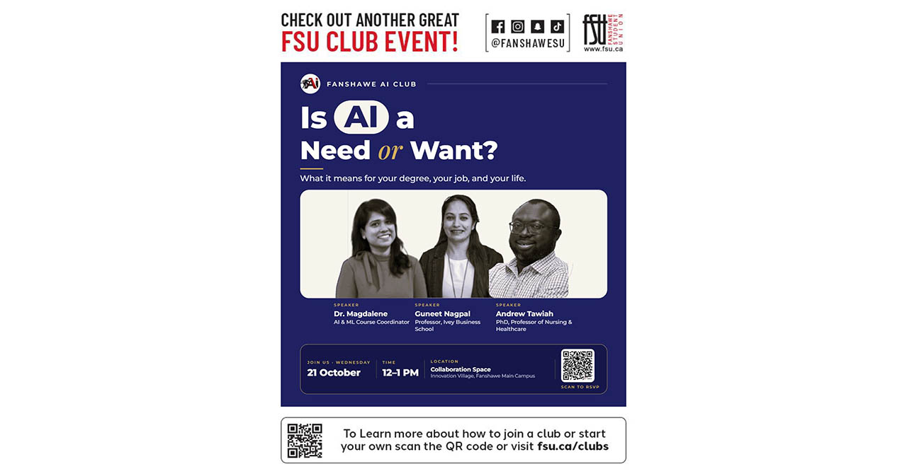 FSU AI Club event poster titled Is AI a Need or Want? featuring three speakers with their titles and event details on October 21 from 12 to 1 PM.
