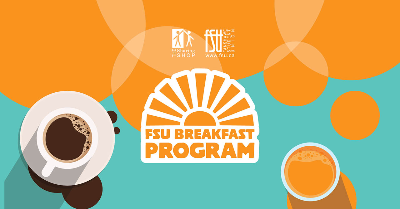 Top view of a coffee cup and orange juice glass with the FSU Breakfast Program logo on a bright orange and teal background.