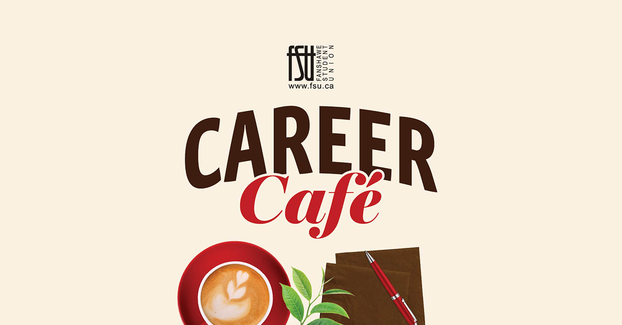 Top view of a latte with foam art, a green plant, and a notebook with a pen under the words Career Cafe.